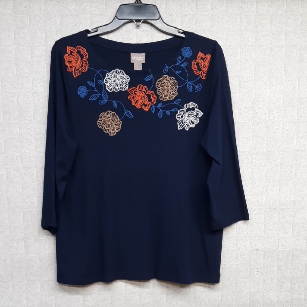 Chic's Navy Floral Embroidered Top - NWT